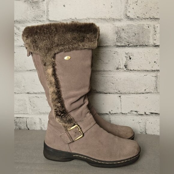 Denver Hayes Taupe Suede Faux Fur Winter Boots Women’s Size 7 Mid Calf Warm Zip - Picture 5 of 13